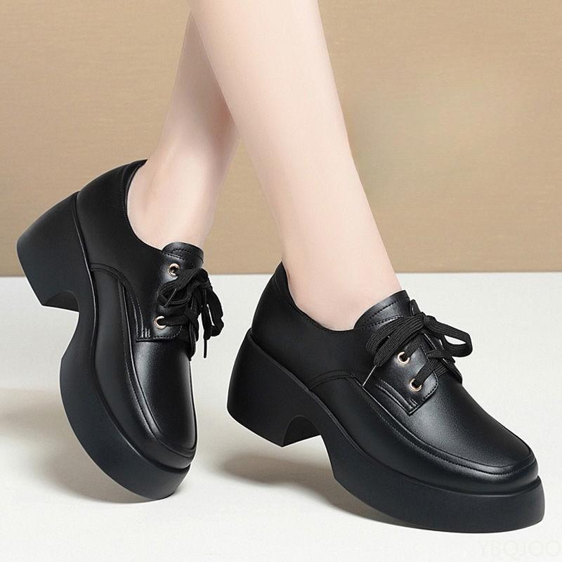 Luxus Damen Lederschuhe Mode Dicksohlige Schnür-Loafer Mittleres Alter Bequemschuhe Lässiger Leichter Damenschuh