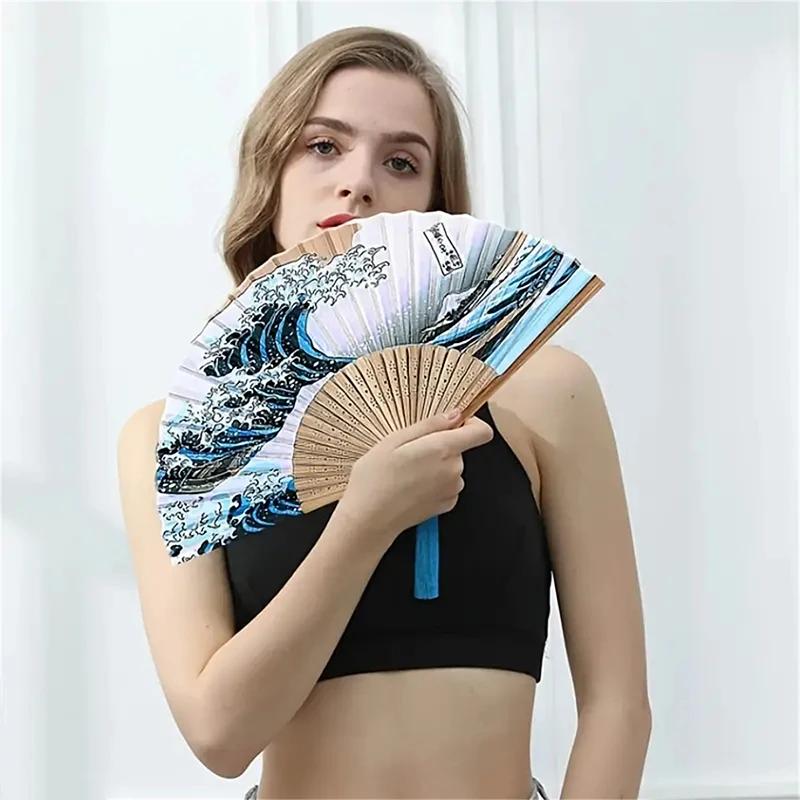 Faltfächer im japanischen Stil Welle Faltfächer Handfächer Vintage Handfächer Damen Tragbar Hochzeitsgeschenk für Gäste Weihnachtsdeko
