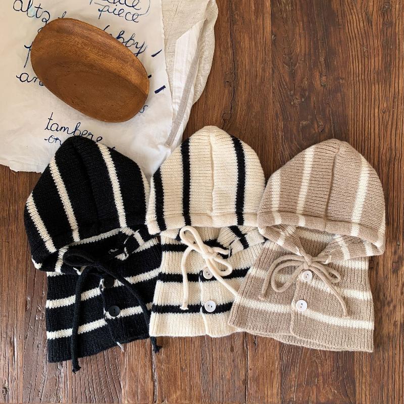 Baby Striped Balaclava Hat Warm Knitted Beanie Cap Kids One Piece Pullover Hats Children Winter Ear Protection Hooded Beanies