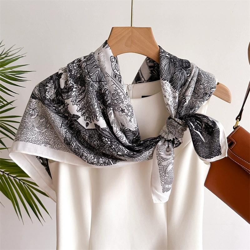 90x90cm Vintage Floral Print Square Scarf For Women Small Shawl Imitation Silk Female Square Head Scarves
