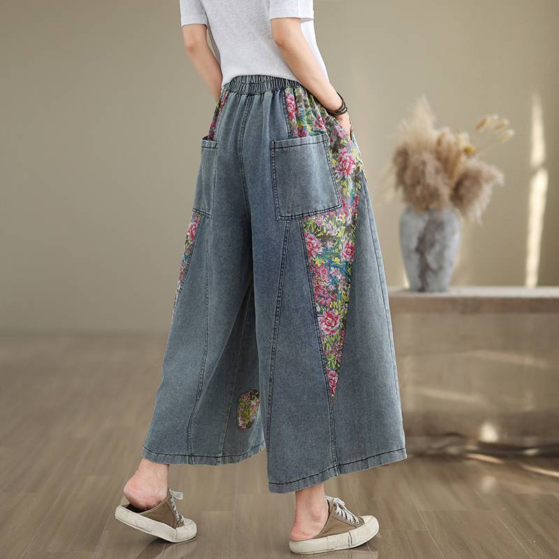 High Waist Wide Leg Denimhosen Damen Ankunft Vintage Stil Patchwork Blumendruck Locker Lässige Jeans