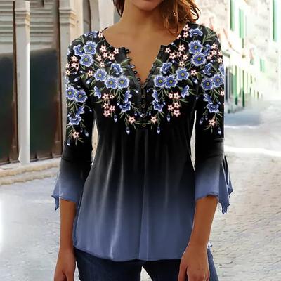 Camiseta con botones plisados ​​de manga corta con cuello en V y estampado de flores para mujer primavera verano