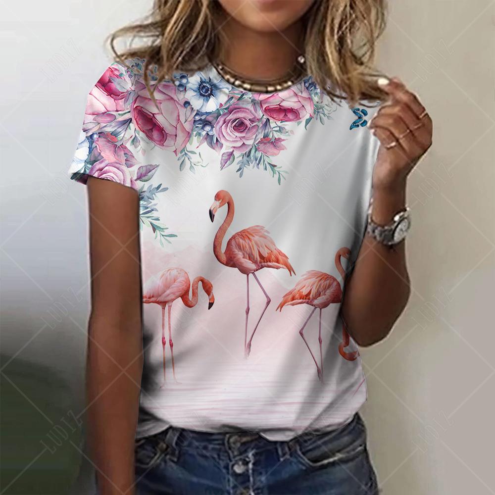 Moda feminina camiseta com gráfico de flamenco 3D impresso manga curta verão oversized poliéster fibra roupas