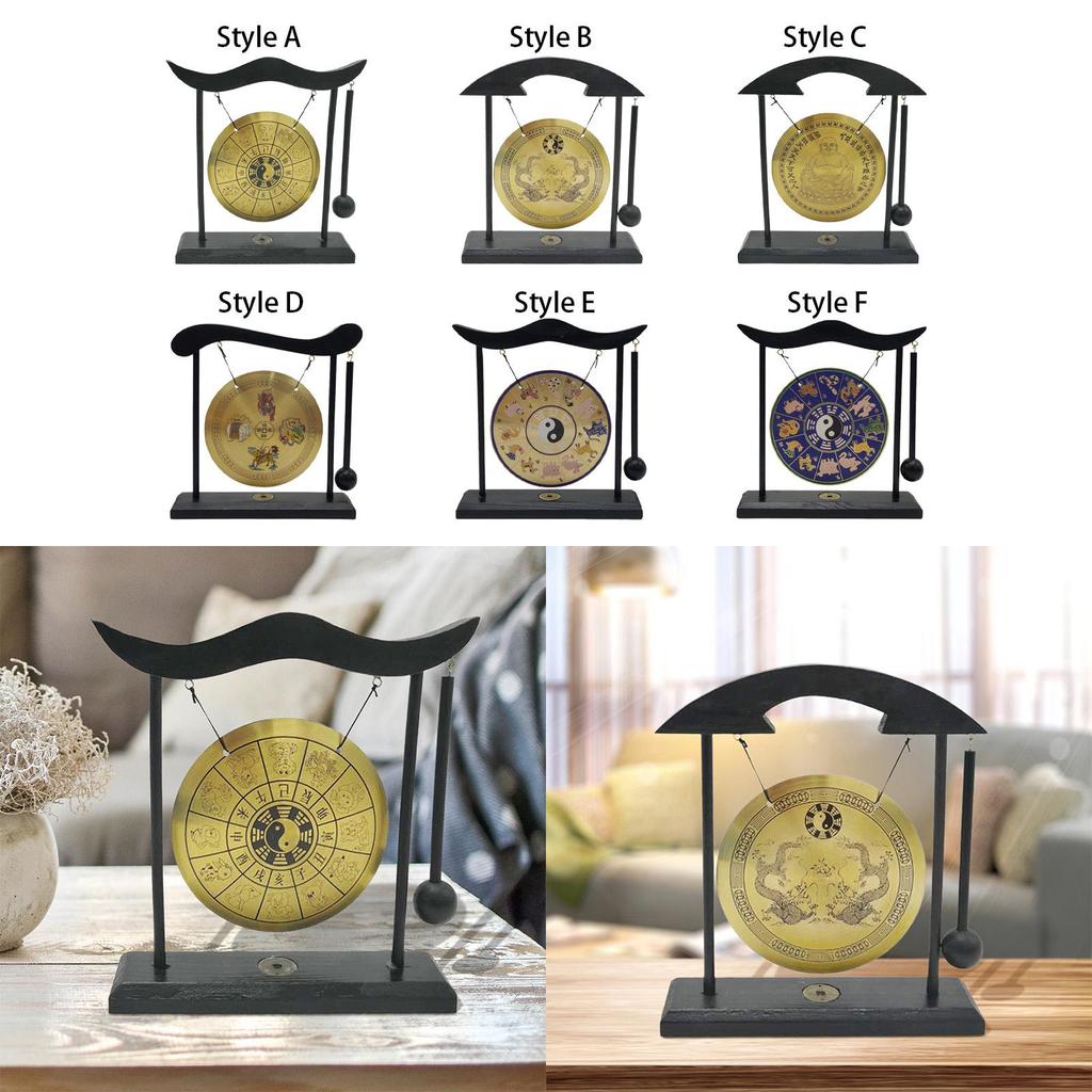 Gong Ornament Mini Wind Chimes Feng Shui Brass Gong Desktop Mini Chinese Gong with Stand for Tabletop Office Home Art Decor