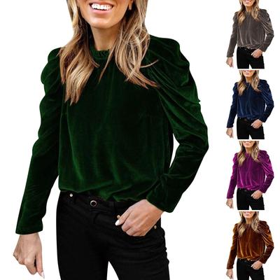 Women's Vintage Casual Velvet T-Shirt O-neck Puff Sleeve Top Shirt Blouse