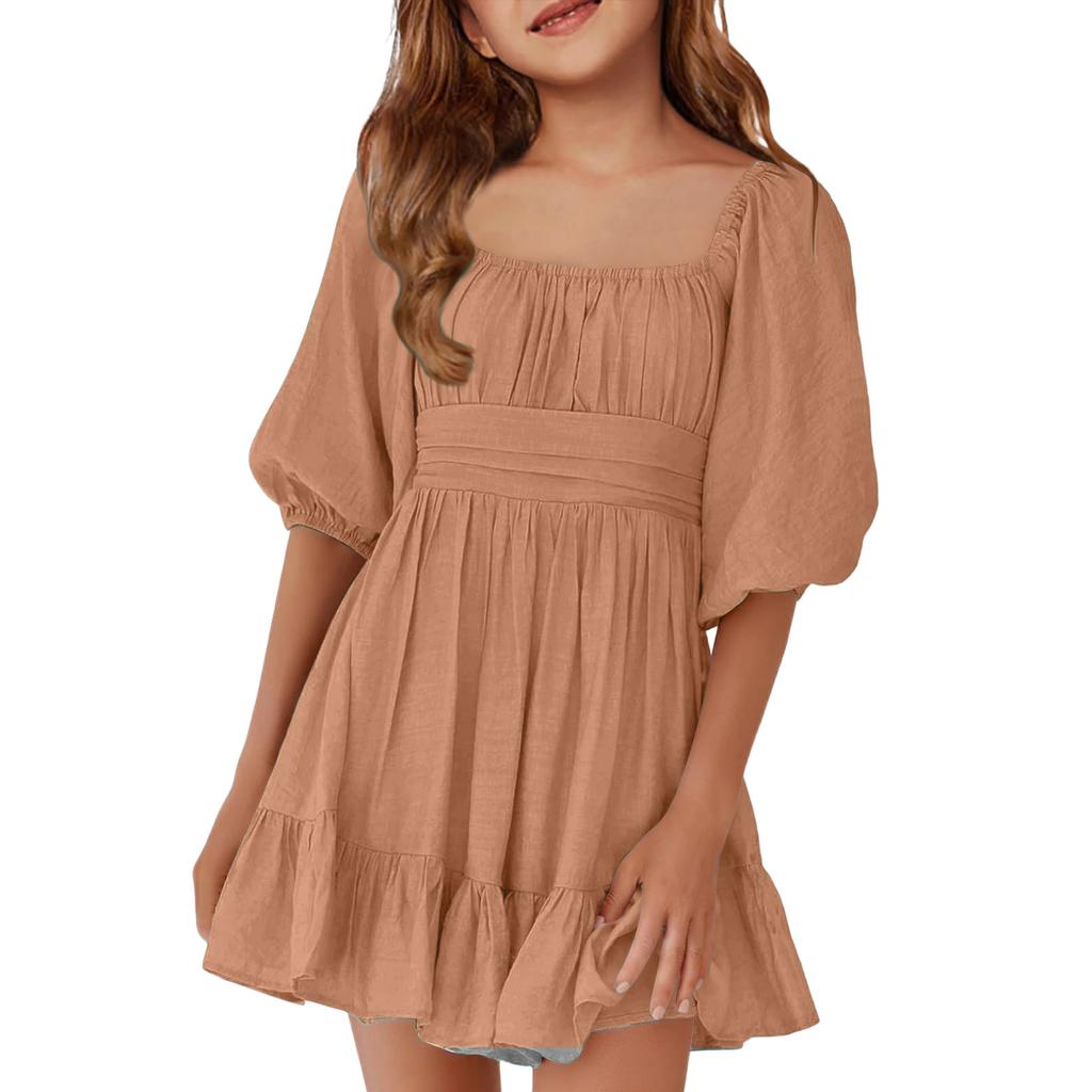 Children's Casual Bubble-Sleeve Backless Waist-Tied Bow-Pleated Dress