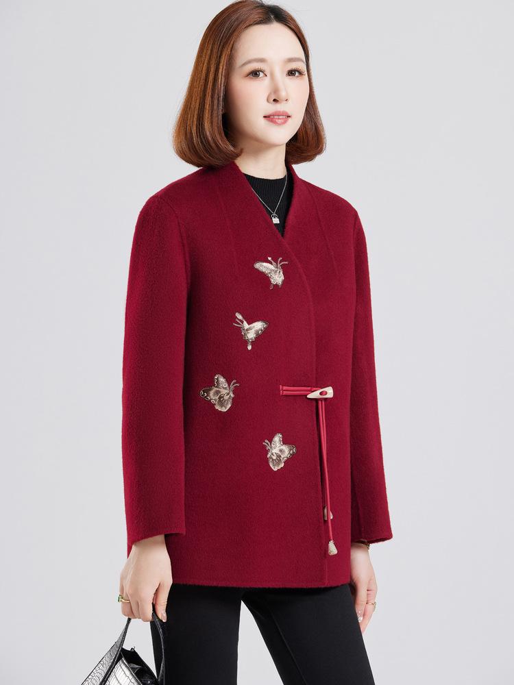 Mom's Embroidered Double-Faced Cashmere V-Neck Short Coat for Middle-Aged and Elderly Women - Autumn/Winter Fashion