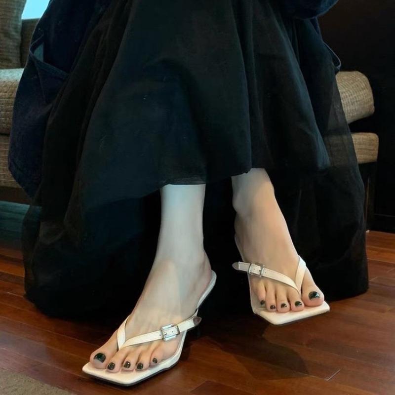 Fashion Women's Stiletto Sandals Summer New Style Square Head Clip Toe Metal Buckle Anti-slip Wear-resistant Flip-flops