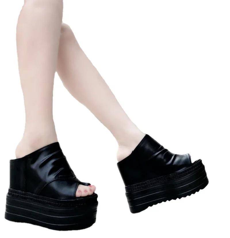 Fashion 14CM Genuine Leather Sandals Women Fashion  Thick High Heel Party Night Club Shoes Sexy Platform Sandals Ladies Slippers
