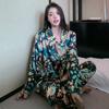 Pajamas Women's Satin Long-sleeved Pajamas Pajamas Suit Flower Printed High-grade Ice Silk Can Be Worn Outside Home Wear Pajamas