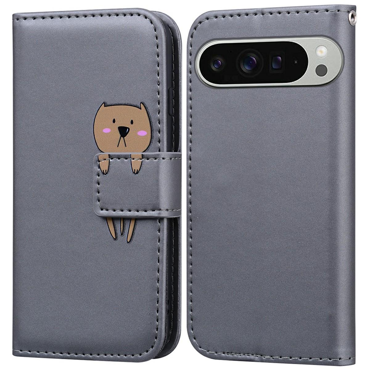 

For Google Pixel 9 Pro XL Case Cartoon Pattern Wallet Leather Phone Cover Grey