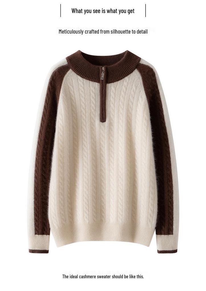 Half-Zip Color-Block Cashmere Women's Knit Sweater - Loose, Slimming, Soft, and Skin-Friendly Fashion Sweater
