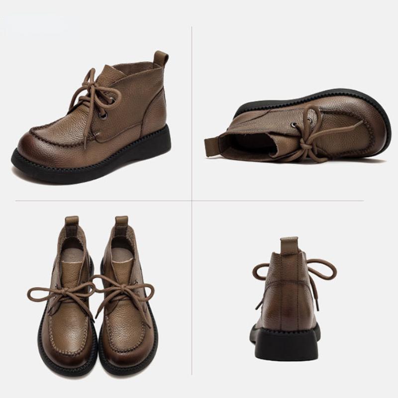 Johnature Retro Women Short Boots Genuine Leather Lace-Up Shoes Handmade Round Toe Soft Sole Flat Boots