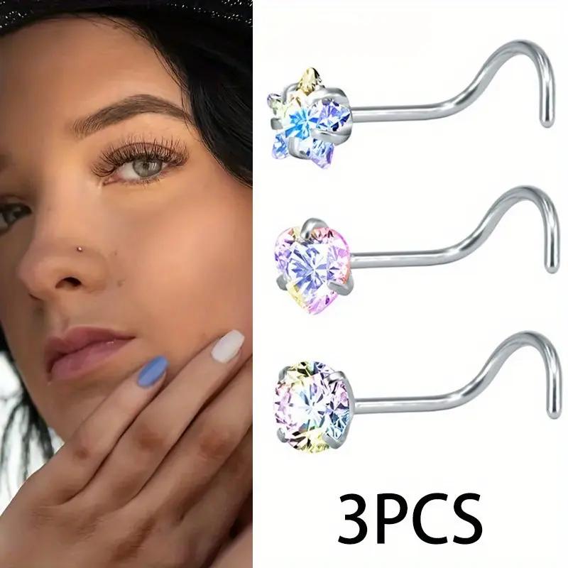 3PCS Shiny Zircon Nose Studs, Stainless Steel Sexy Versatile Nose Rings, Exquisite Piercing Jewelry for Women