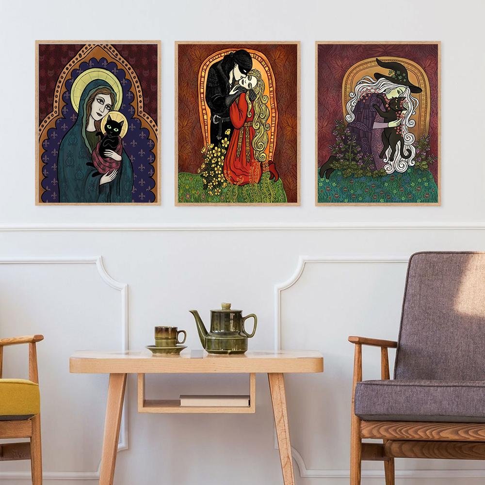Vintage Funny Holy Mother of Cats Poster Abstract Animal Art Print Canvas Painting Witch Wall Picture for Living Room Home Decor