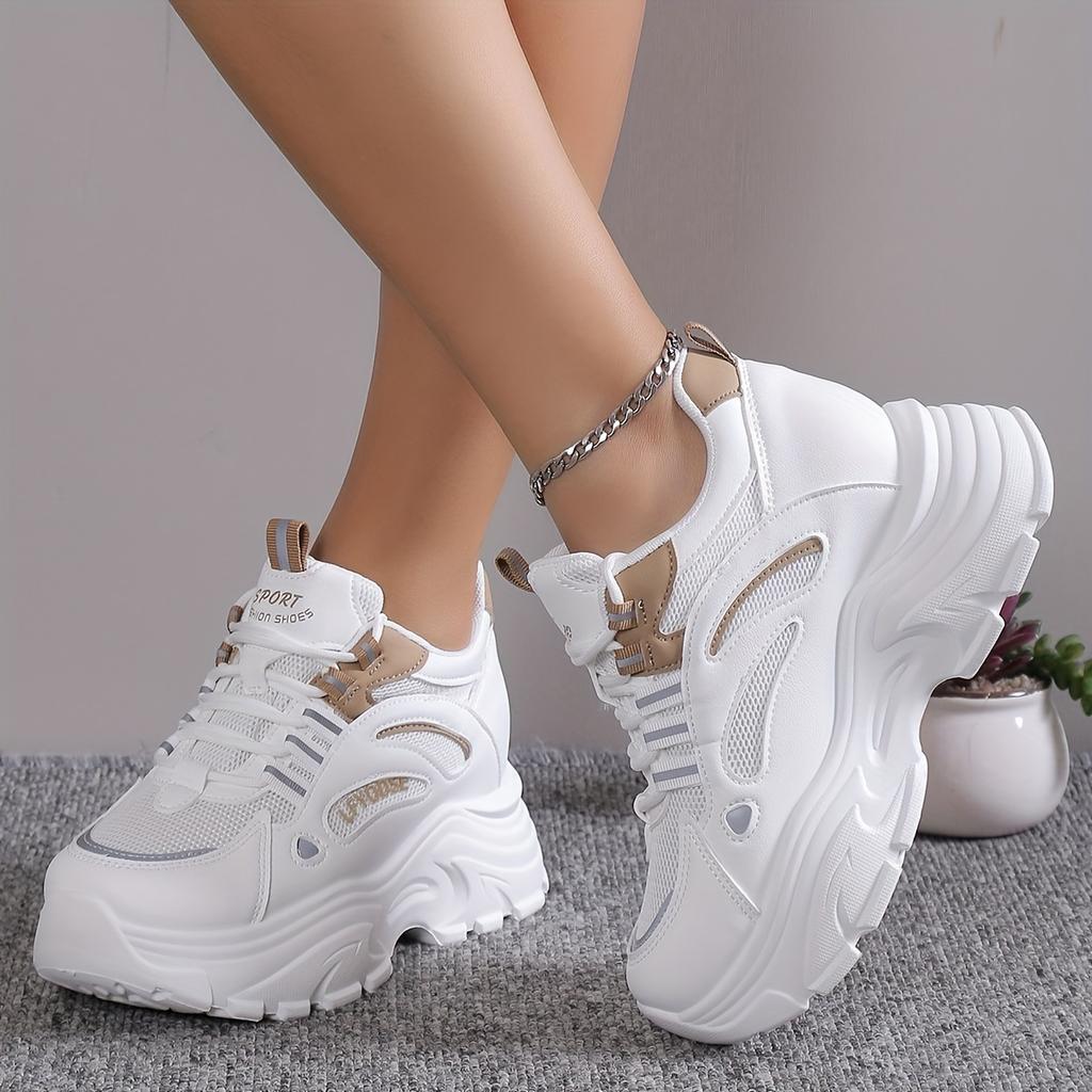 Versatile Comfy Mid-Top Solid Color Mesh Sneakers - Lace Up, Round Toe, Heightening Thick Rubber Sole, Breathable Fabric Upper