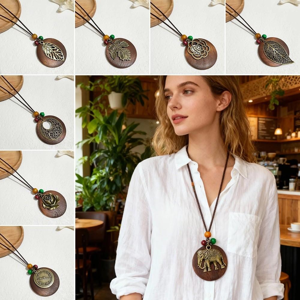 Colar com Pingente de Madeira Estilo Boho Folhas Vazadas Pingente para Roupa Corrente de Suéter Vintage Presentes