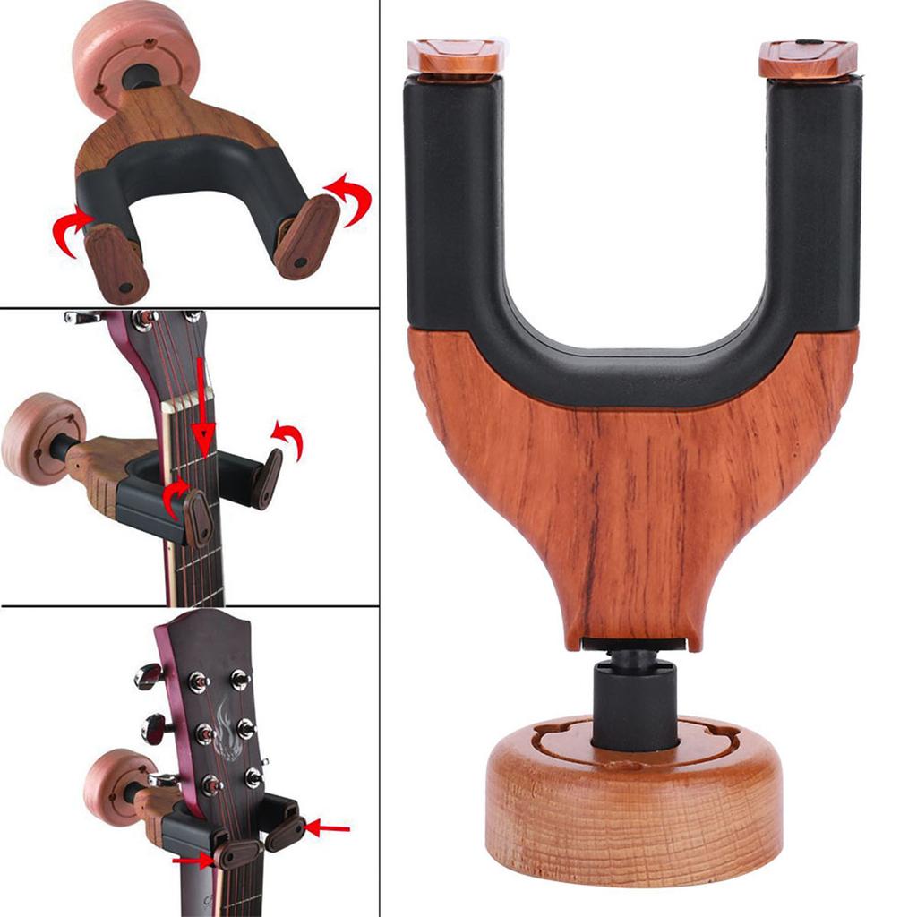 Guitar Wall Mount Hanger Holder Solid Wood Base Plastic Rubber Hook Body (Red Wood Color)