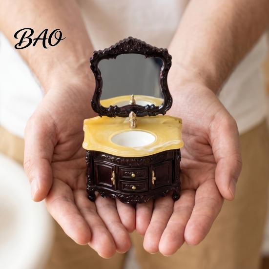 Miniature Bathroom Furniture Doll Mansion Sink Cabinet with Vanity Mirror, 1/12 Scale Mirror Miniature, Tiny Victorian for House Decoration