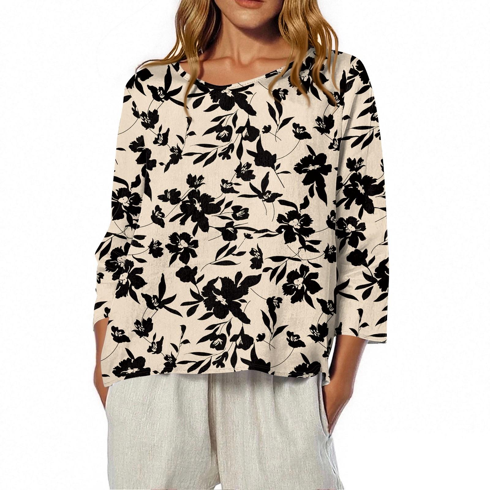 

Women s O-Neck 3/4 Sleeve Printed Top T-shirt XL бежевий