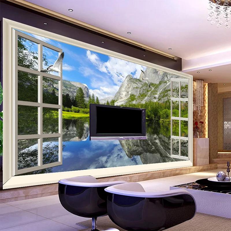 3D Murals Classic Window Lake Mountain Nature Scenery Wallpapers Living Room Bedroom Sofa 3D Wall Mural