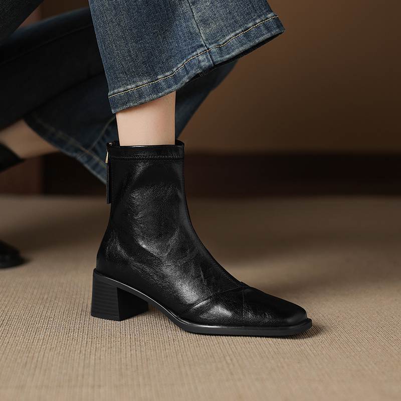 Krazing Pot Microfiber Square Toe Thick Heels Chelsea Boots Size 42 Zip Women Concise Style Elastic Ankle Boots