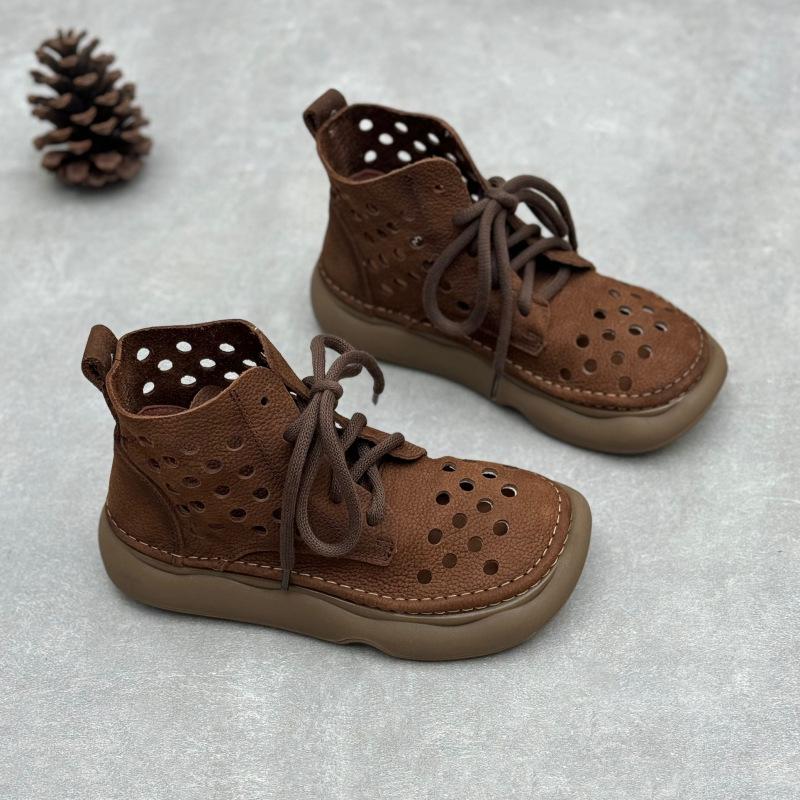 Retro Handmade Genuine Leather Cutout Flat Boots with Round Toe and Lace-up Design for Summer