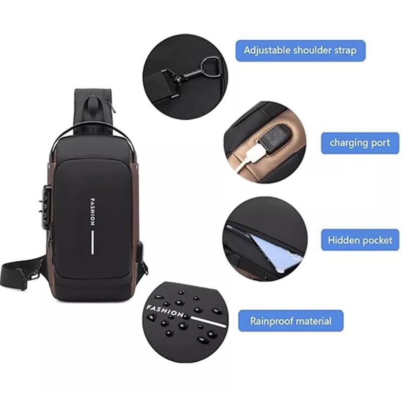 Men's Crossbody Bag Shoulder Sling Bag Anti-theft Lock Chest Bag With USB Port