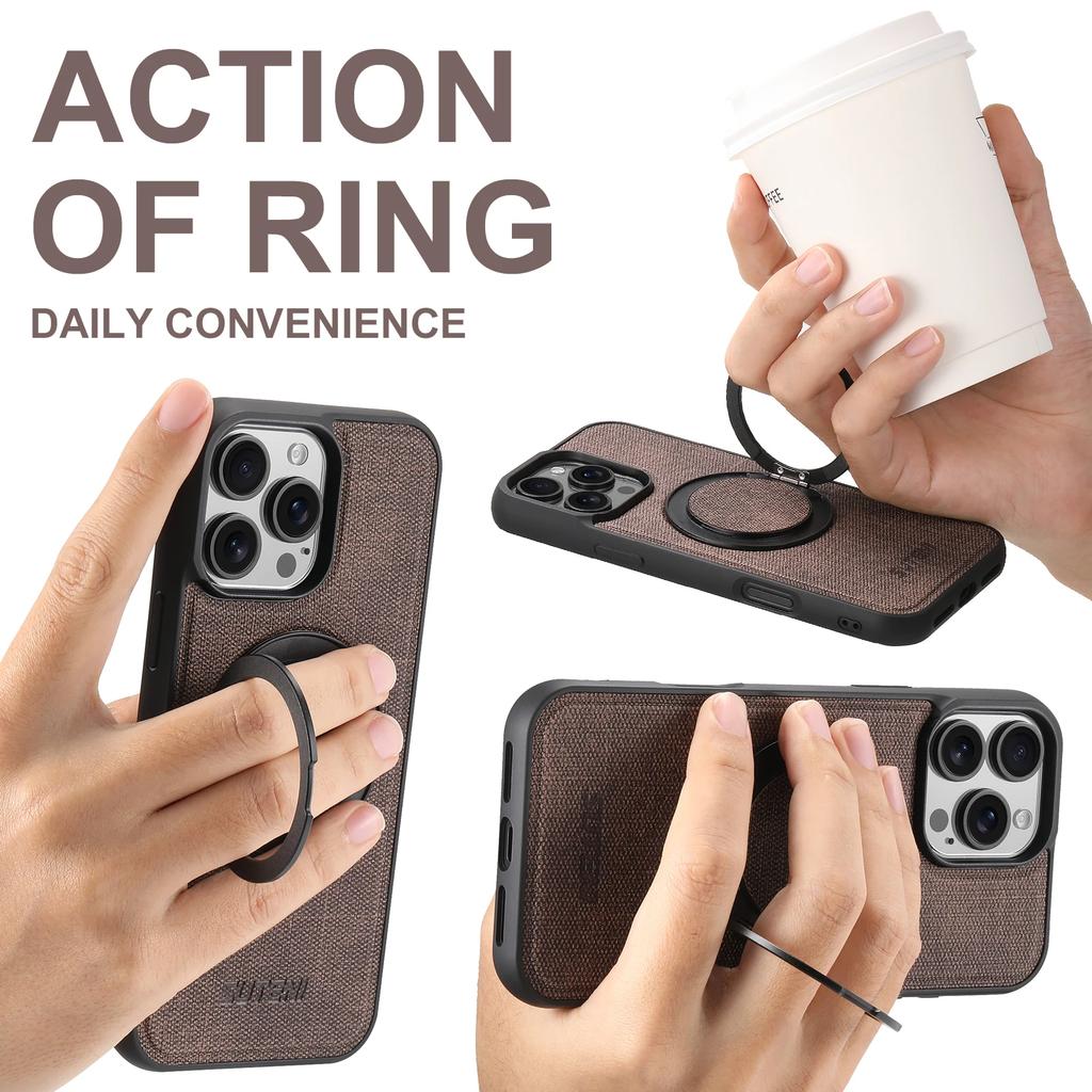 360° Bracket Magnetic Fabric Denim Pattern Phone Case for IPhone 16 Pro Max 15 Plus 14 13 12 Stand Ring Holder Protective Cover