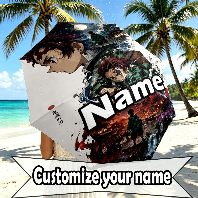 Custom Name Personalized Demon Slayer Print Umbrella, Auto Open Close, 8‑Rib Sturdy Frame, Commute Camping Hiking Use, Birthday Gift