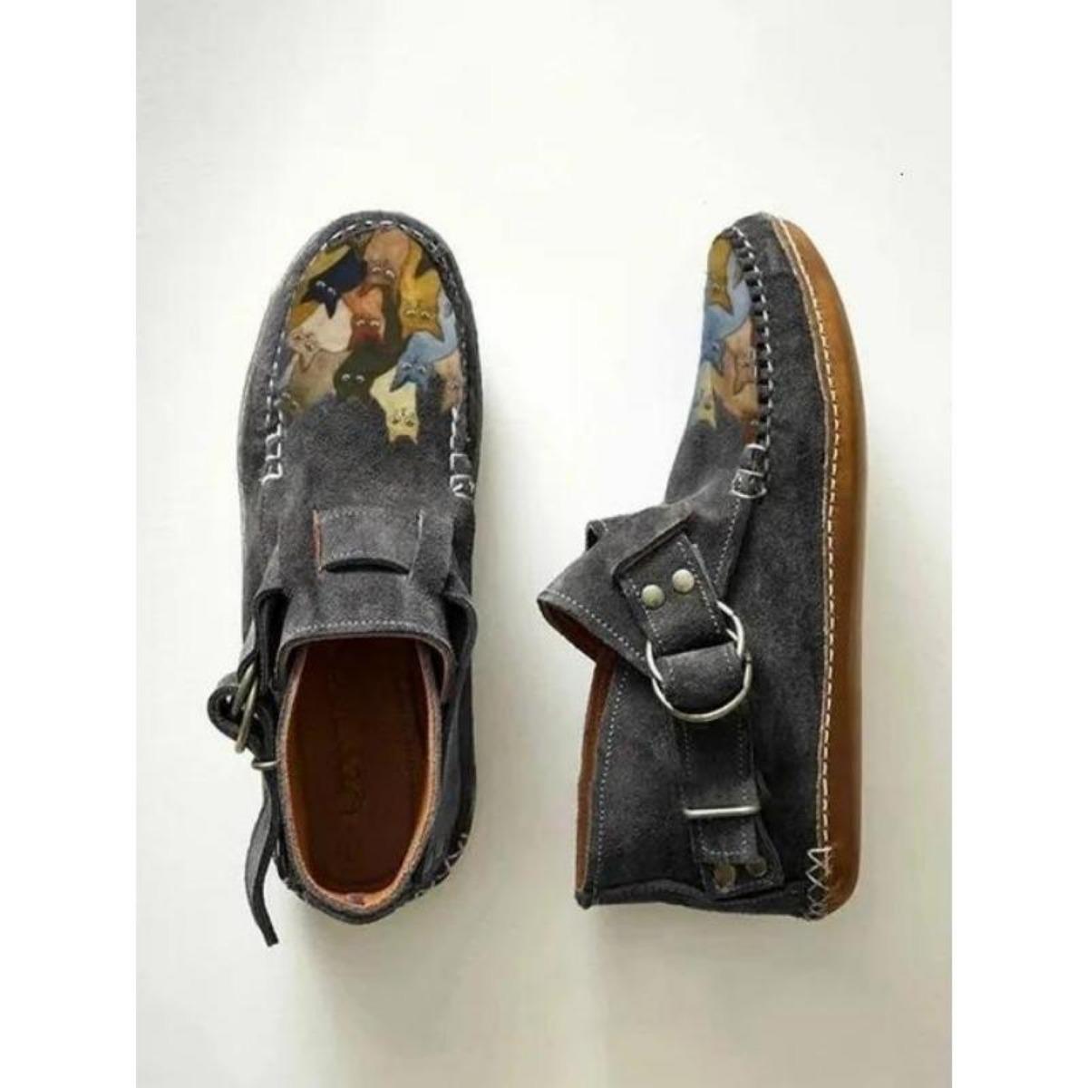 

Ботинки Plover женские Comfort Cartoon Cat Printed Leather Button Casual Flat Ankle - 6 Purple 38 серый