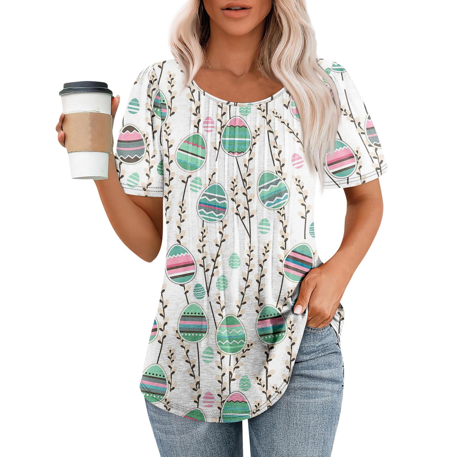 

Женская футболка свободного покроя с короткими рукавами и круглым плиссированным узором на пасхальную тематику S циан