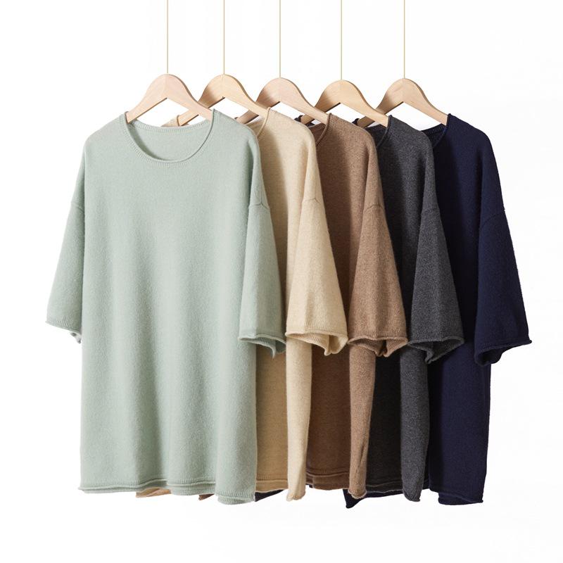 Roll-Edge Round Neck 100% Cashmere Women's Loose Knit Five-Sleeve Top - Autumn/Winter Collection