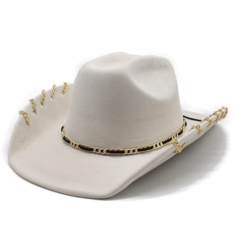 Cool Metal Chain Western Cowboy Hat Big Brim Visor Hat Fashionable Suede Jazz Hat