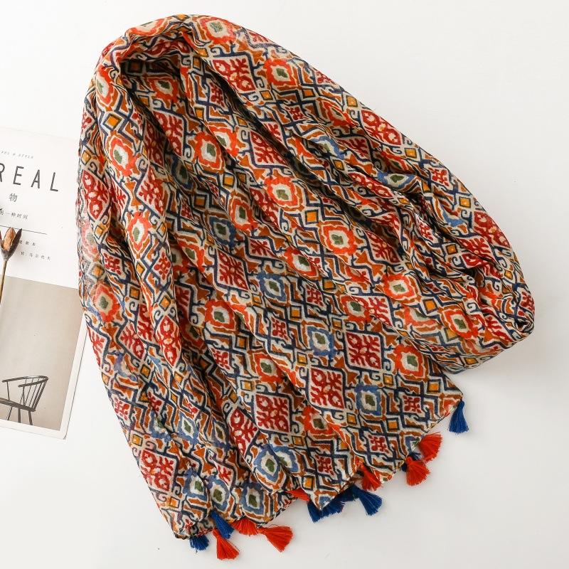 Flower Print Bohemian 88*180cm Women Viscose Scarf Shawl Cotton Linen Feeling Tassel Pashmina Muslim Hijab Wrap Lady Female