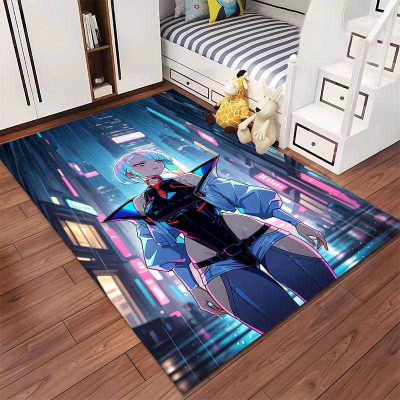 Cyberpunk Girl Neon City Scene suitable as a non-slip mat for the living room or bedroom sofa