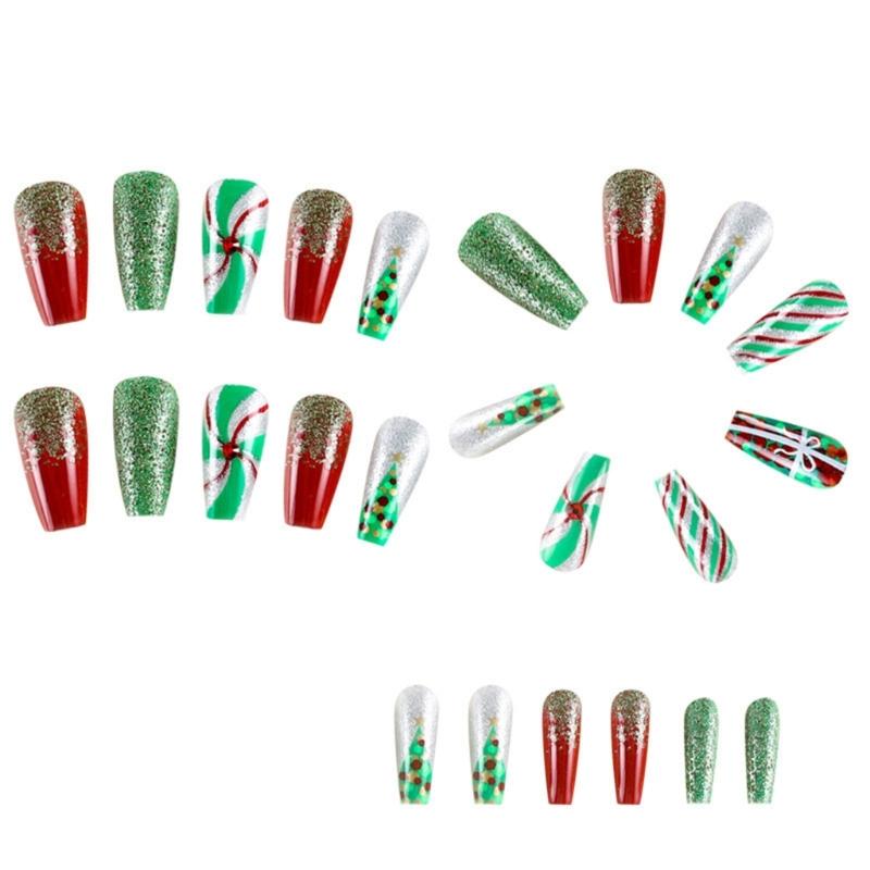24Pieces Festive Press On Nail With Jelly Adhesive And Emery Board Christmas Themed Reusable Fake Nail For Women