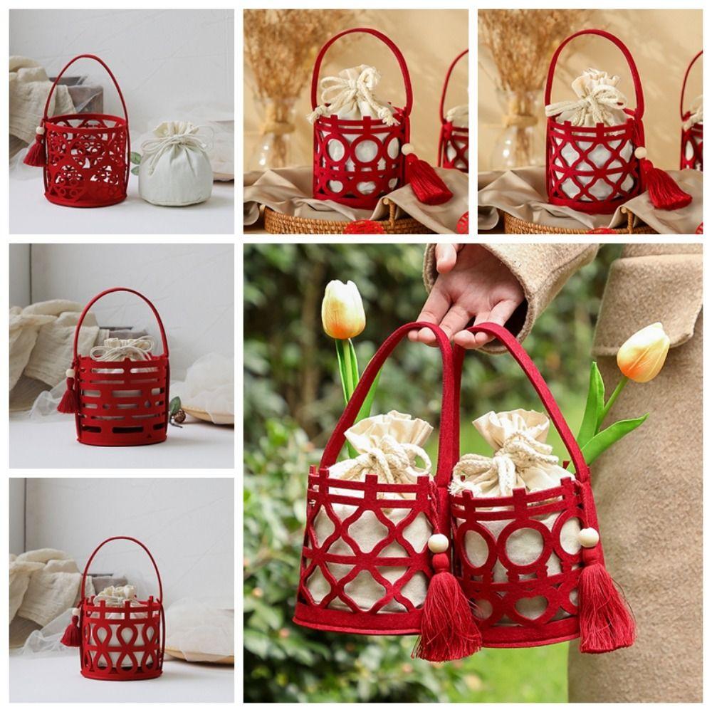 

Felt Red Flower Bucket Handbag Tassel Pendant Wedding Candy Bag Festival A
