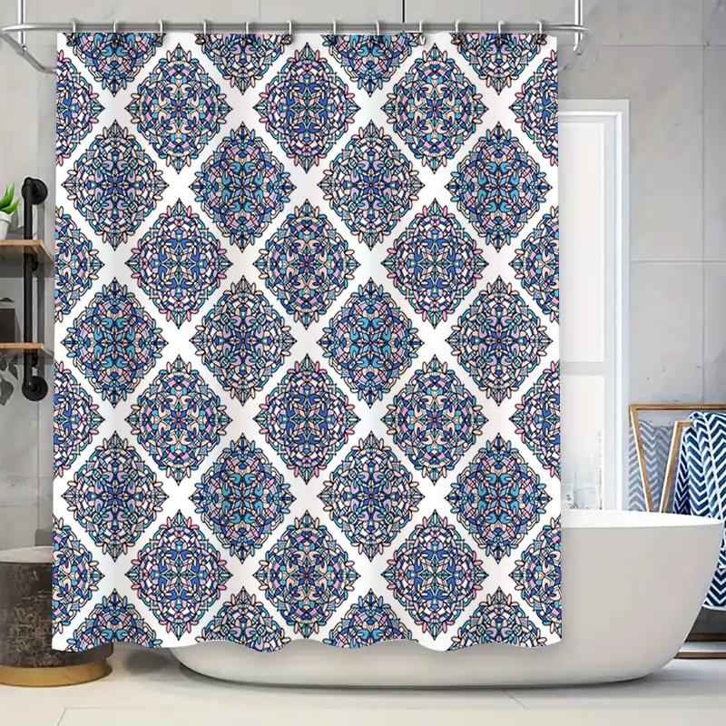 

Blue White Boho Diamond Pattern Shower Curtain 3D Print Waterproof Bathroom Decor Xl Size (180X205Cm) W60H190(CM)-1 Pcs