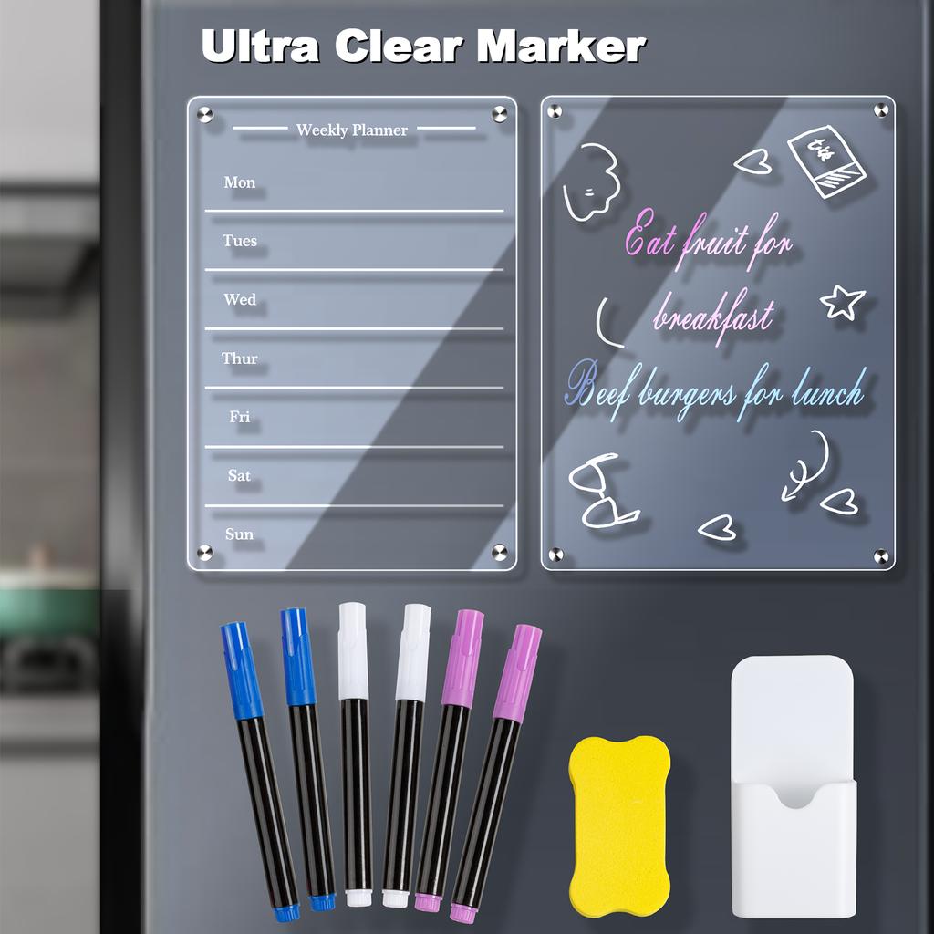 Clear Magnetic Calendar for Fridge Set 6 Colors Markers and Pen Container Weekly Celsius Blank Planning Board Acrylic for Fridge 23X33CM