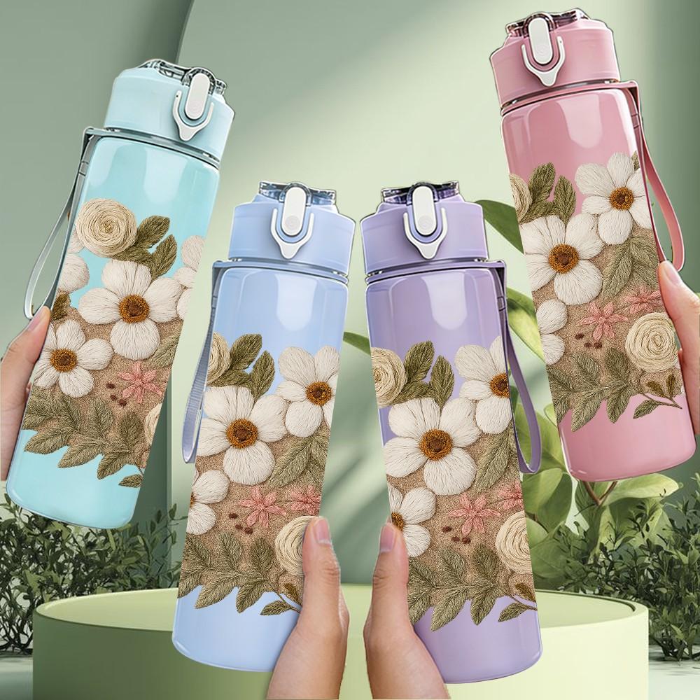 1PC Soft White Beige Wild Flower Print 750ml Color Plastic Sports Water Bottle Leakproof Flip Straw Lid Suitable for Sports Office Home Use