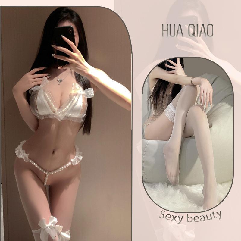Sexy lingerie sexy lace three-point small chest shows big pearl seduction thong no-take suit female tease