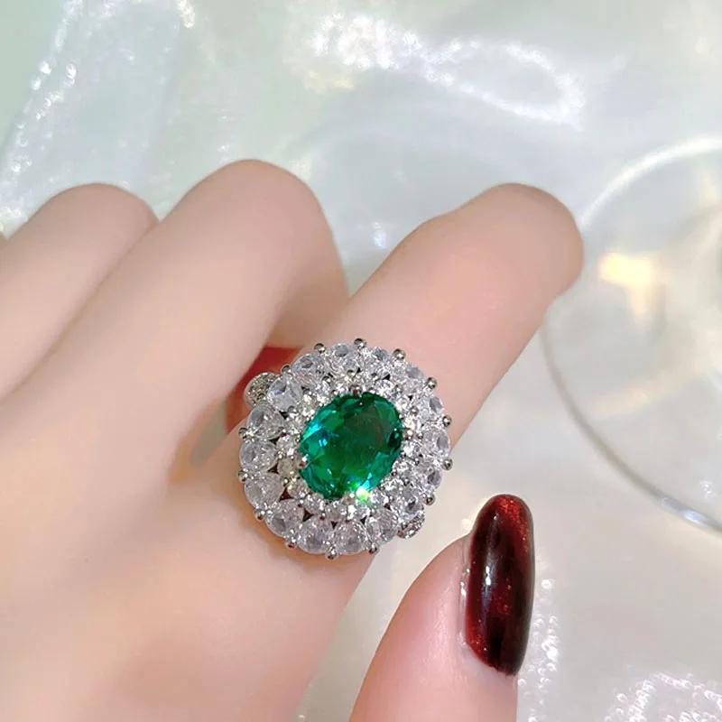 

Розкішна жіноча велика кругла смарагдова каблучка для заручин з кристалами Мила каблучка зі стерлінгового срібла з цирконами Вінтажні весільні каблучки для жінок resizable срібний