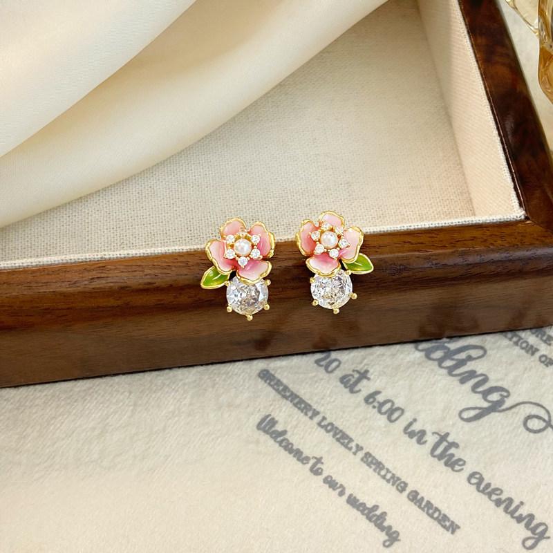 Pink Flower Cubic Zirconia Pearl Stud Earrings - 2026 New Stylish Light Luxury Niche Design for Women