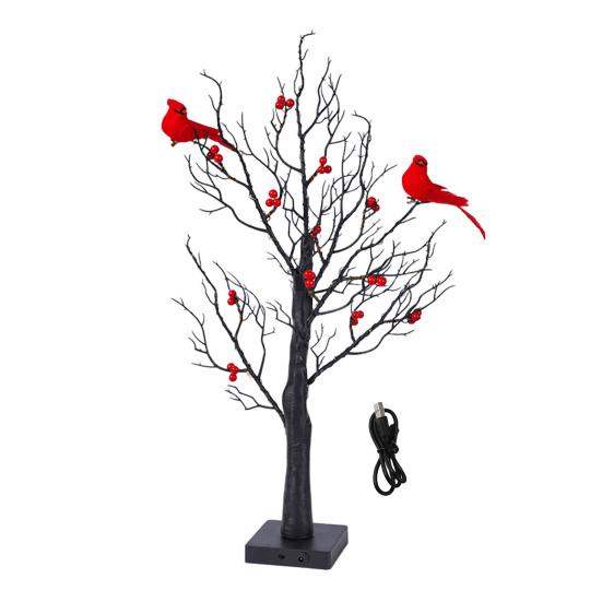 LED Vintage Glowing Tree with Cardinals Twinkle Trees Lamp Lifelike Berry Branch Lights Festive Holiday Party Decorations