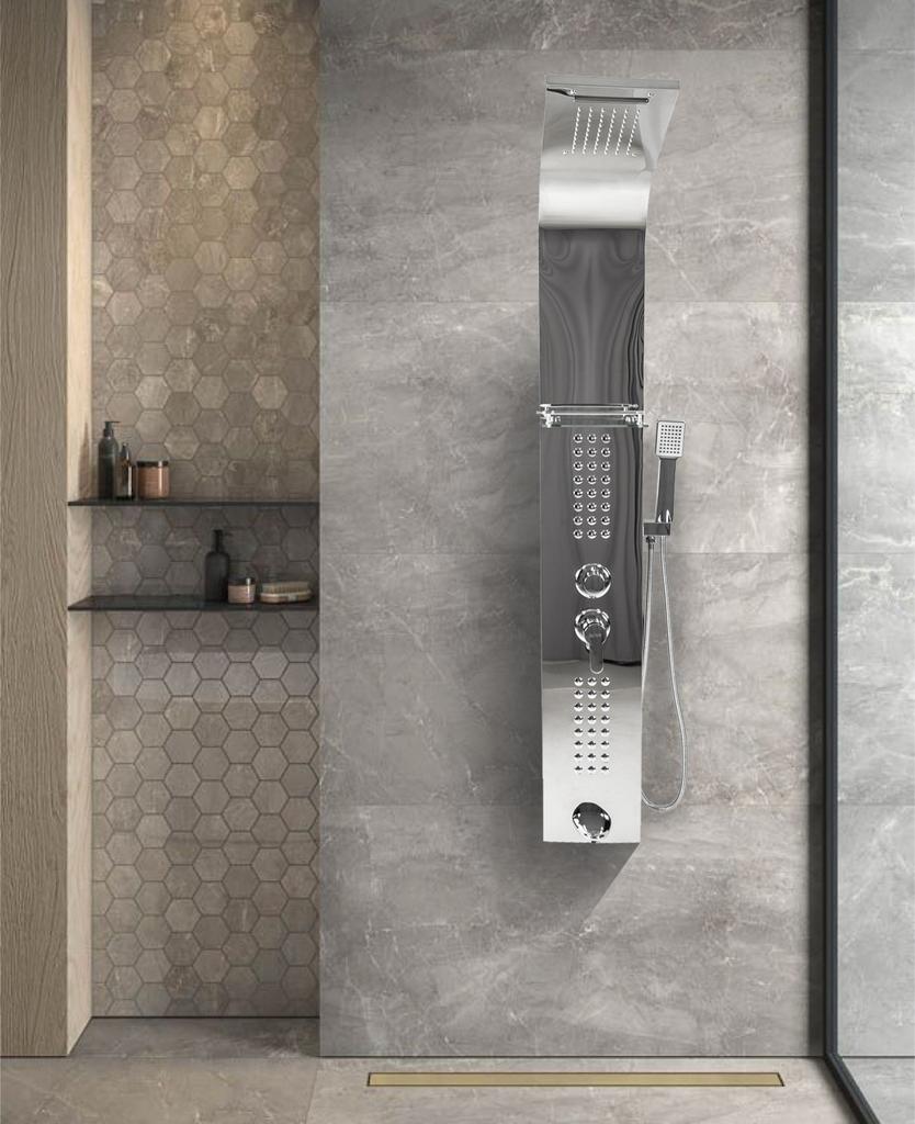 Rain Shower Panel with Hydromassage, Shelf, Column Set, Chrome