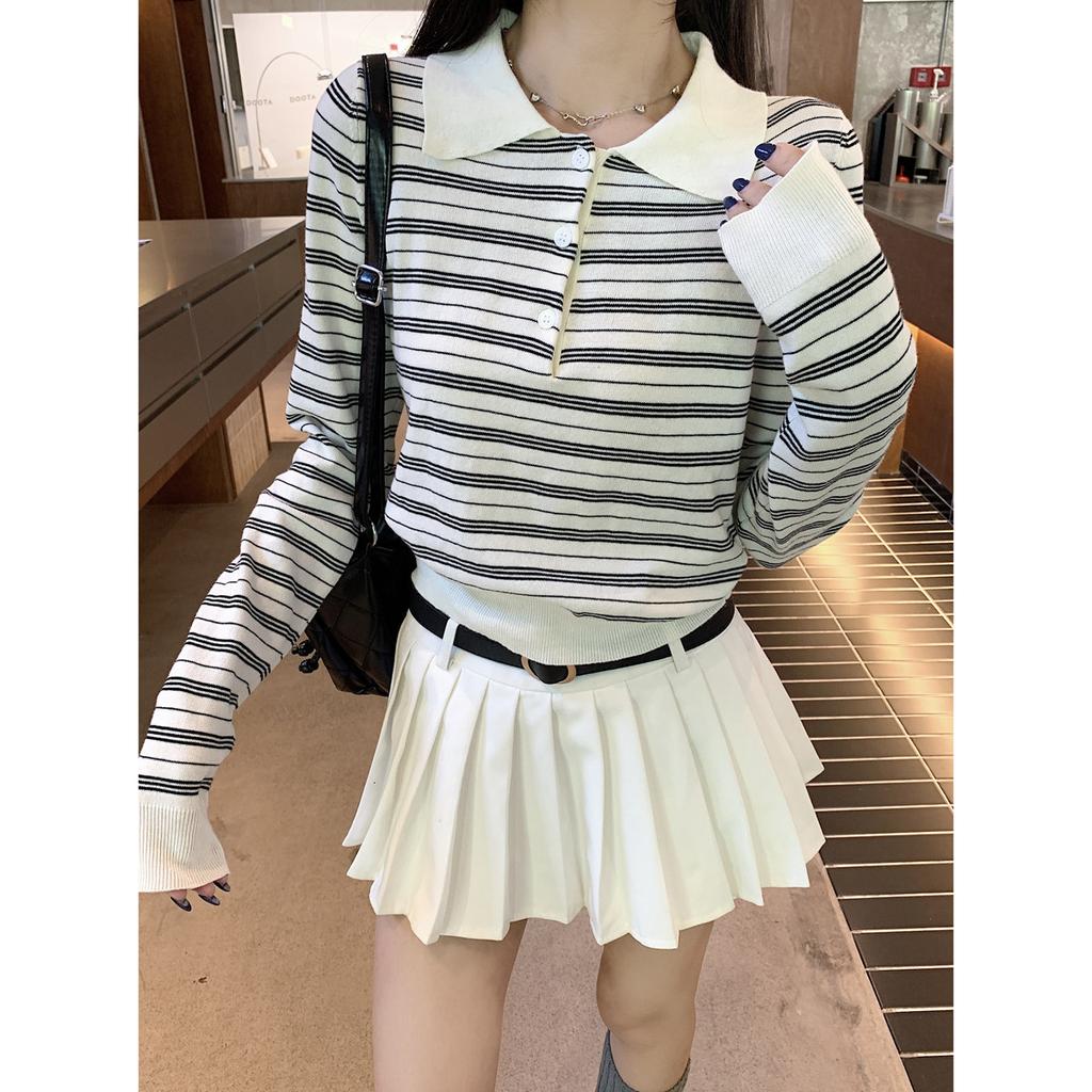 Button polo collar contrasting striped short top women's autumn and winter versatile knitted sweater backing sweater