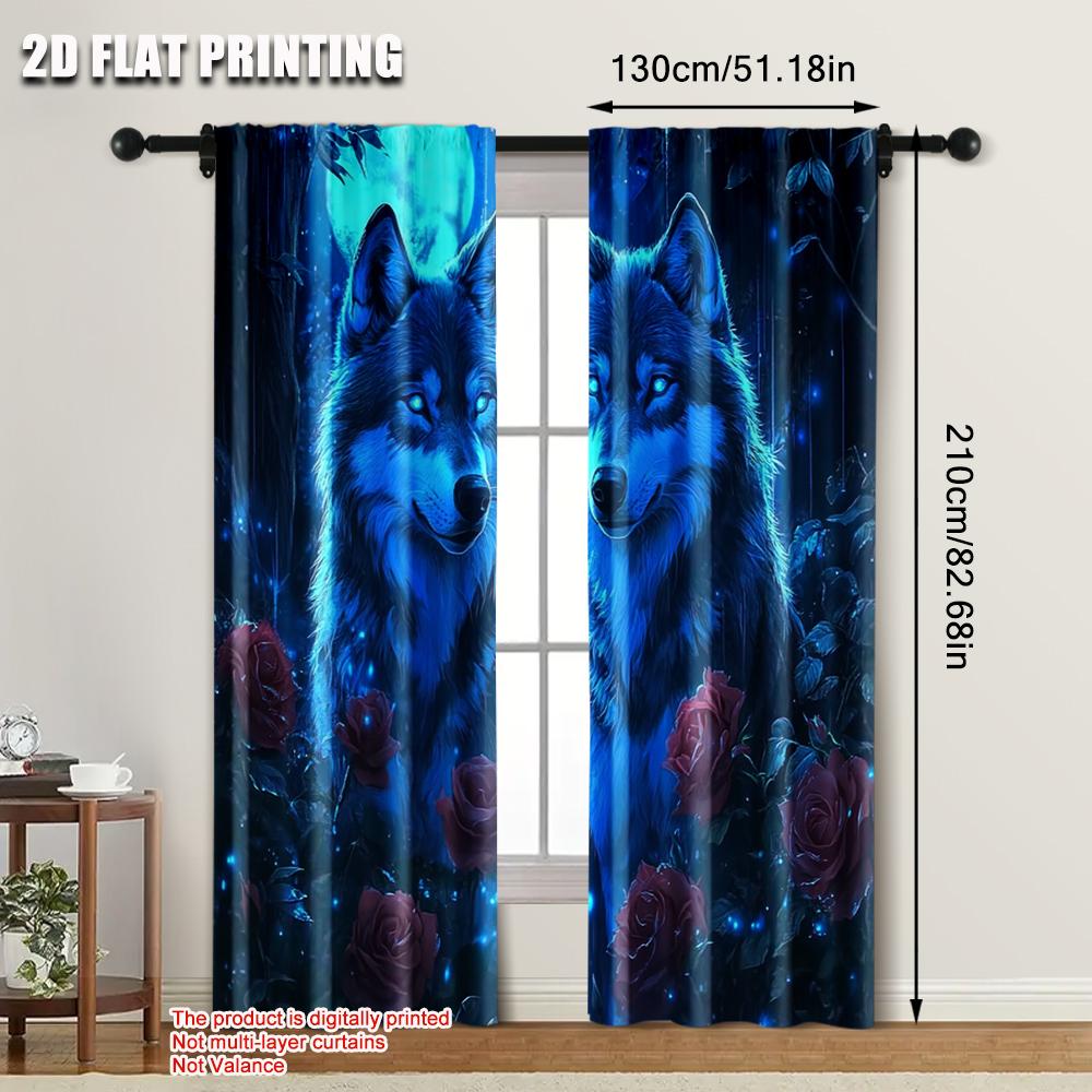 2pcs   Popular Curtain Panels  plane printing Mystical Wolf & Blue Roses Polyester (without rod) Decorations For Home for Home