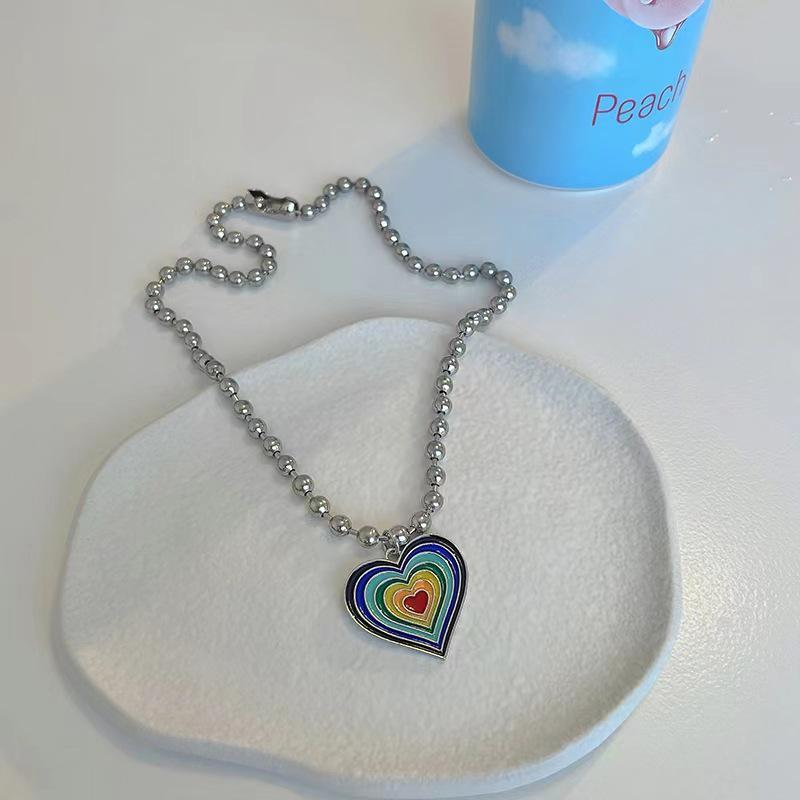 

Rainbow Heart Gradient Pendant Hip Hop Bead Necklace
