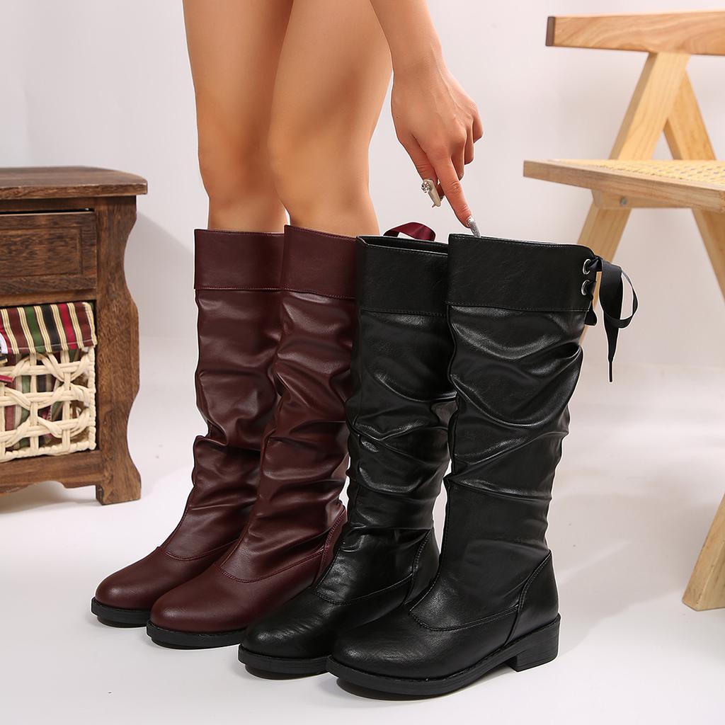 Fashion Women Soft Leather Pleated Knee High Boots Buckle Belt Round Toe Flat Solid Shoes Sexy Hotties Fashion Loose Comfortable Pumps